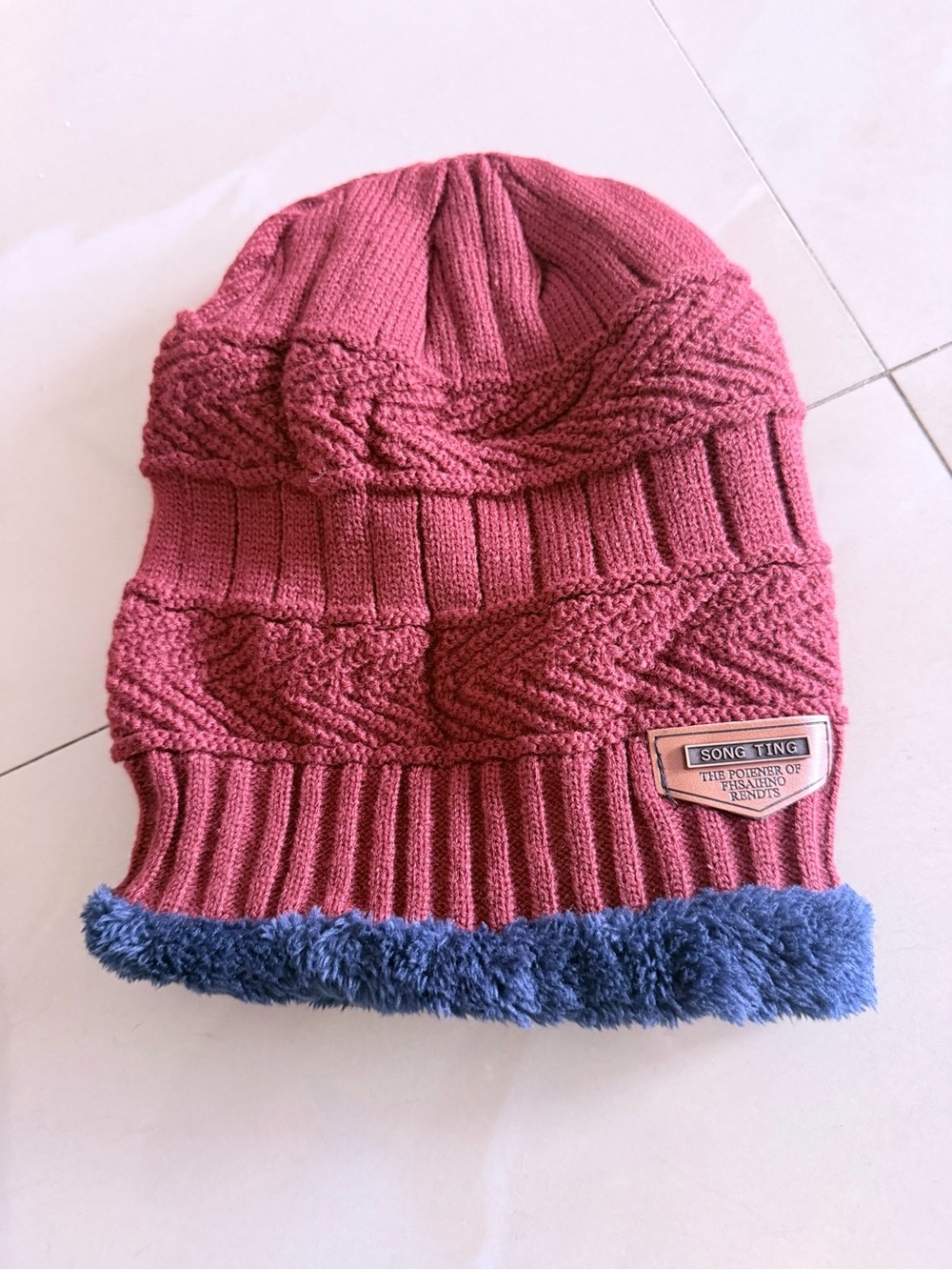 Unisex Knit Beanie Hat in Wine with Navy Faux-Fur Trim by - Picture 2 of 8